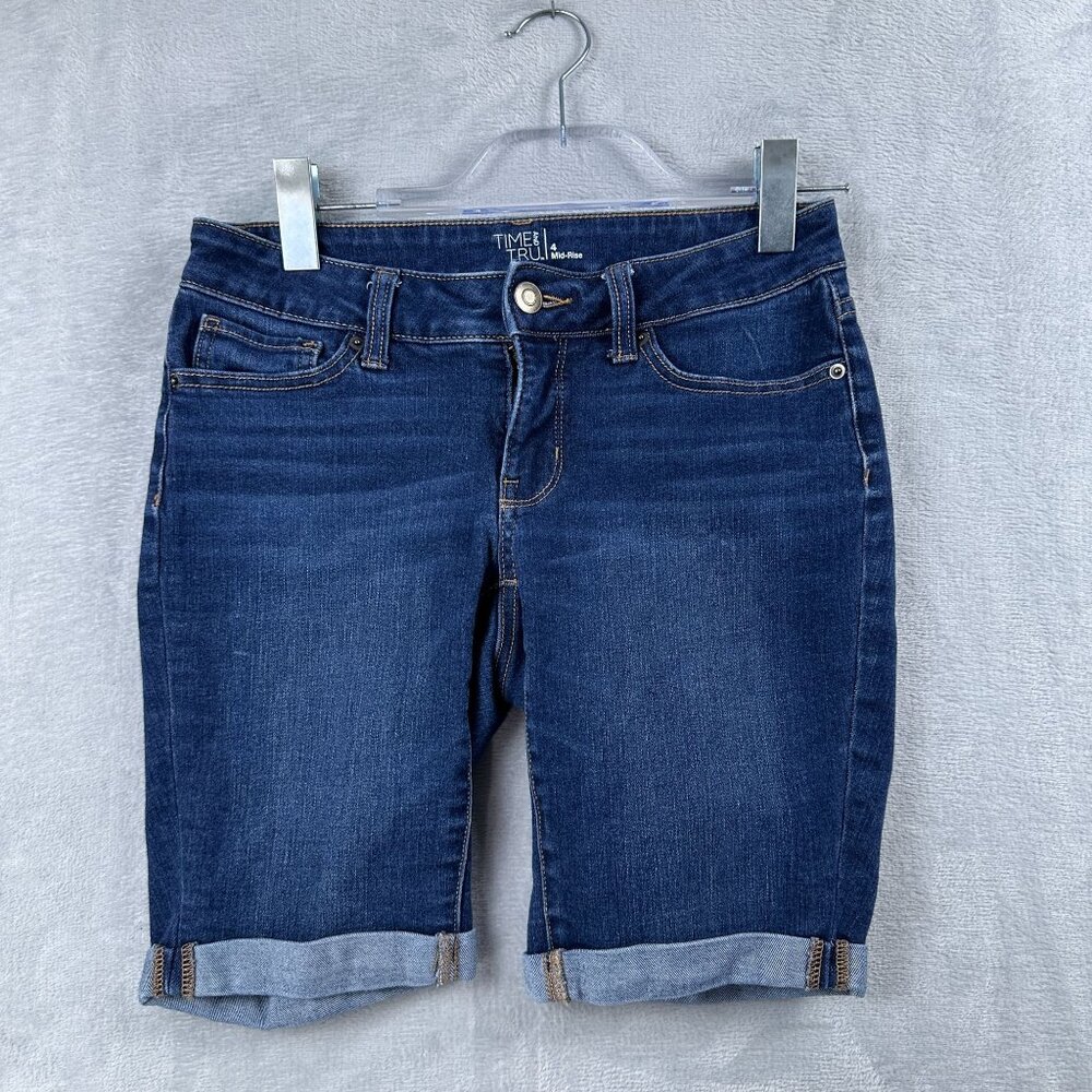 Time and Tru Bermuda Shorts Women's Size 4 Rolled Cuff Hem Low Rise Blue